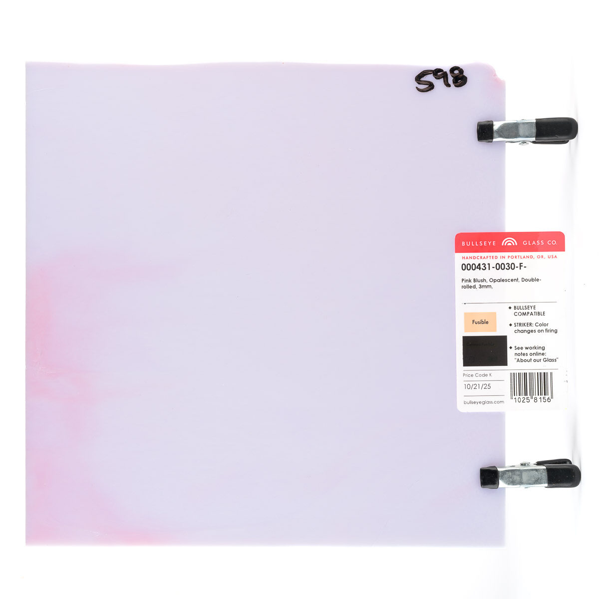 unfired square sheet of light pink-lavender opalescent glass