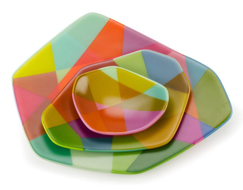 Plates by Anu Penttinen, designed in residence at Bullseye Glass Company's factory studios in Portland, Oregon, 2015.